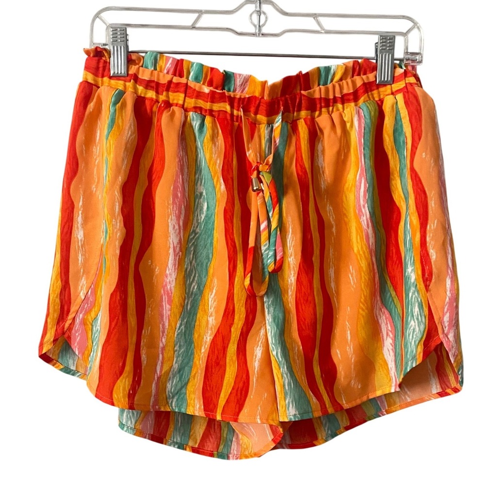 Entro Womens Orange Teal Retro Resortwear Elastic Waist Shorts Lined Size Large